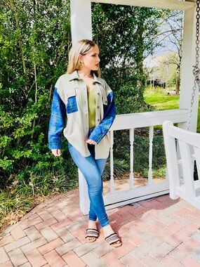 Plaid Sleeve Shirt Jacket in Sage and Blue